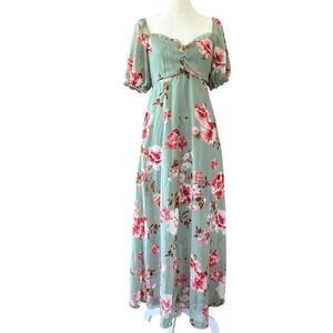 Dream of Me Flowy Romantic Maxi‎ Dress Women's M Cottage Green with Pink Roses